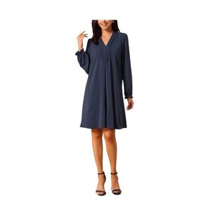 Seta T Casual Knee Length Dress Long Sleeve V Neck Pleated Flowy Dark Blue XL